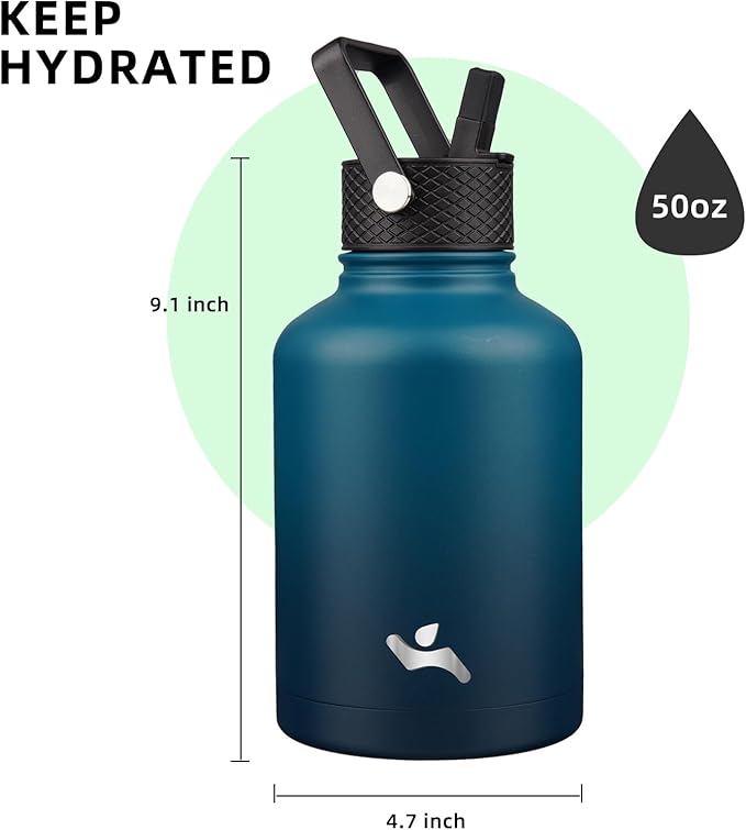 Konokyo Insulated Water Bottle with Straw,50 oz 3 Lids Water Jug with Carrying Bag,Paracord Handle,Double Wall Vacuum Stainless Steel Metal Flask,Indigo Black
