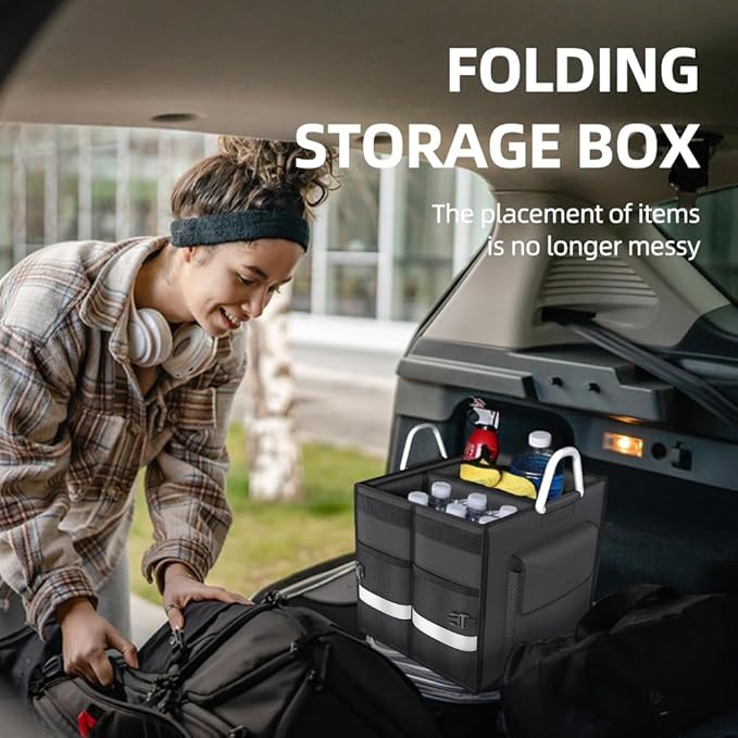 55L Car Trunk Organizer with Reflective Stripes.1680D Polyester Folding Car Organizer with Reinforced Handles, Folding and Multi-Compartment, Storage for SUV, Truck, Sedan (Black, 28L)
