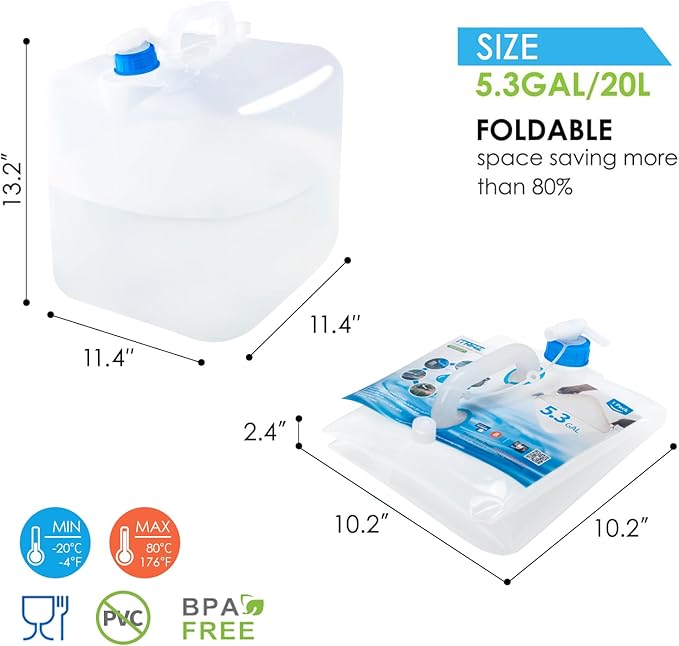 Collapsible Water Storage Container, 10×5.3 Gallon BPA Free Portable Camping Water Jug with Spigot and Vent, Long-term Water Storage Carrier for Outdoors Hiking Backpack & Emergency Survival Kit