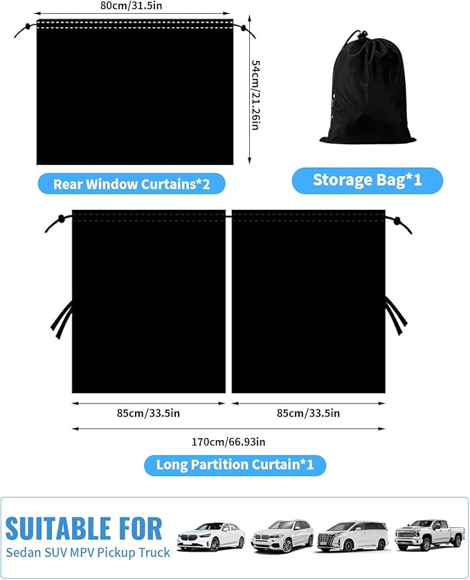 Car Privacy Curtains, Set of 3 Upgraded Double-Layer Large Size Car Divider Curtain+Side Window Sunshade with Storage Bag, High Privacy Curtains for Travel Camping Nap Sleeping (Black)