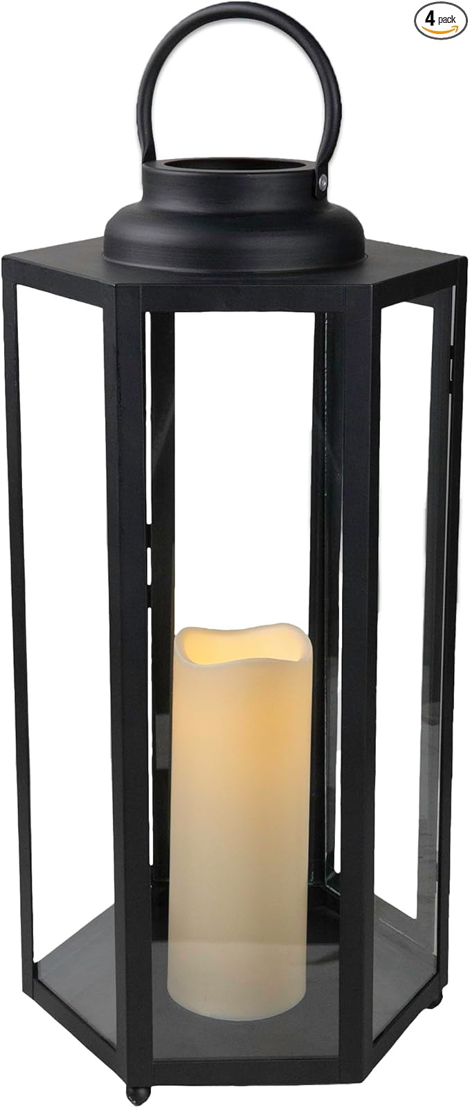 Alpine Corporation 18" Tall Outdoor Hexagonal Battery-Operated Metal Lantern with LED Lights, Black
