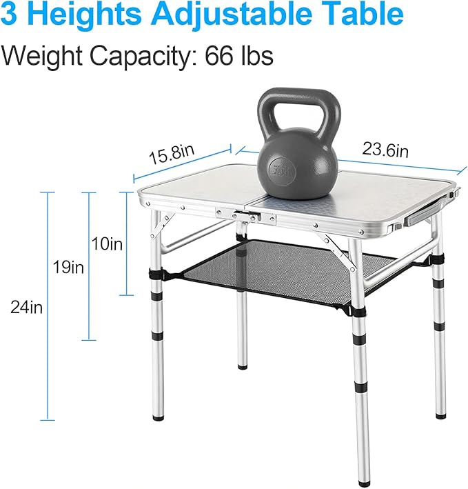 YUFIFAIRY Small Folding Camping Table, 2ft Portable Table with 3 Adjustable Heights, Aluminum Lightweight Foldable Picnic Table with Mesh Layer and Extension Legs for RV, BBQ and Indoor (Silver)