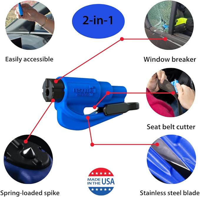 resqme,The Original Emergency Keychain Car Escape Tool, 2-in-1 Seatbelt Cutter and Window Breaker, Made in USA, Red - Compact safety hammer