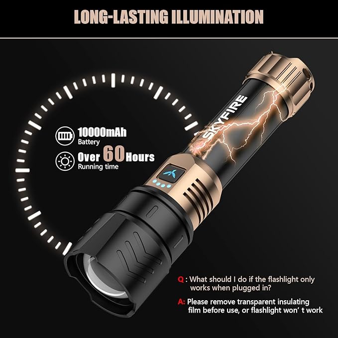 SKYFIRE Rechargeable Flashlights High Lumens,10000mAh Super Bright Flashlight Zoomable 4Modes Waterproof LED Tactical Flash Light for Camping Essentials,Outdoor and Home Emergencies