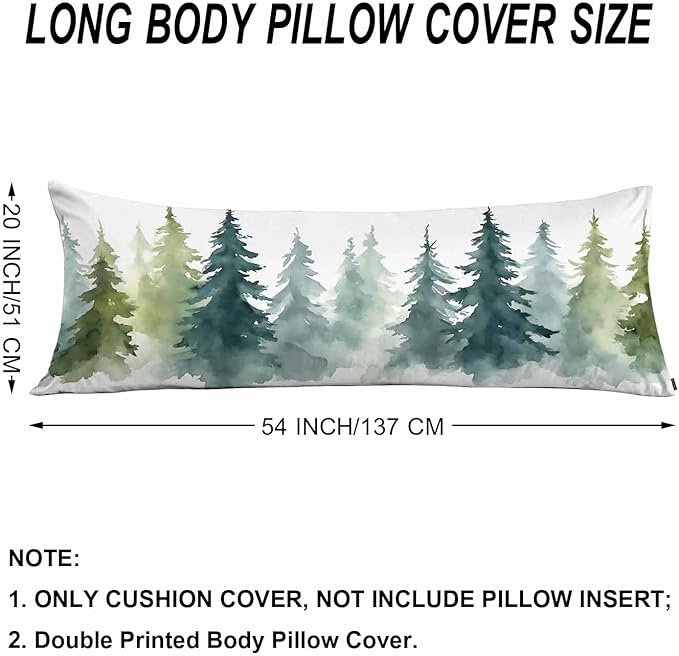 Couch Pillows Decorative Body Pillow Cover Watercolor Forest Fir Trees Rectangle Body Pillowcase for Men Women, Winter Body Pillow Covers 20" X 54" Cushion Cases for Sofa Bed, Green