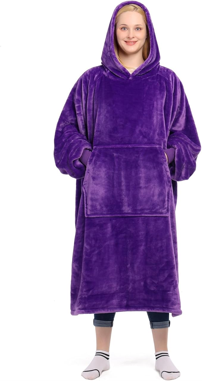 Waitu Wearable Blanket Sweatshirt Gifts for Women and Men, Warm and Cozy Giant Blanket Hoodie, Thick Flannel Blanket with Sleeves and Giant Pocket - Violet