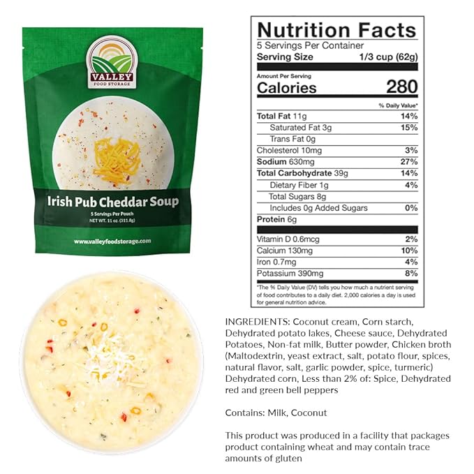 Valley Food Storage Irish Pub Cheddar Potato Soup 10-Bag Bucket, 50 Servings | Premium Non-GMO Emergency Food Supply with 25 Year Shelf Life | Survival Meals, Prepper Food, Camping & Off-Grid Supplies