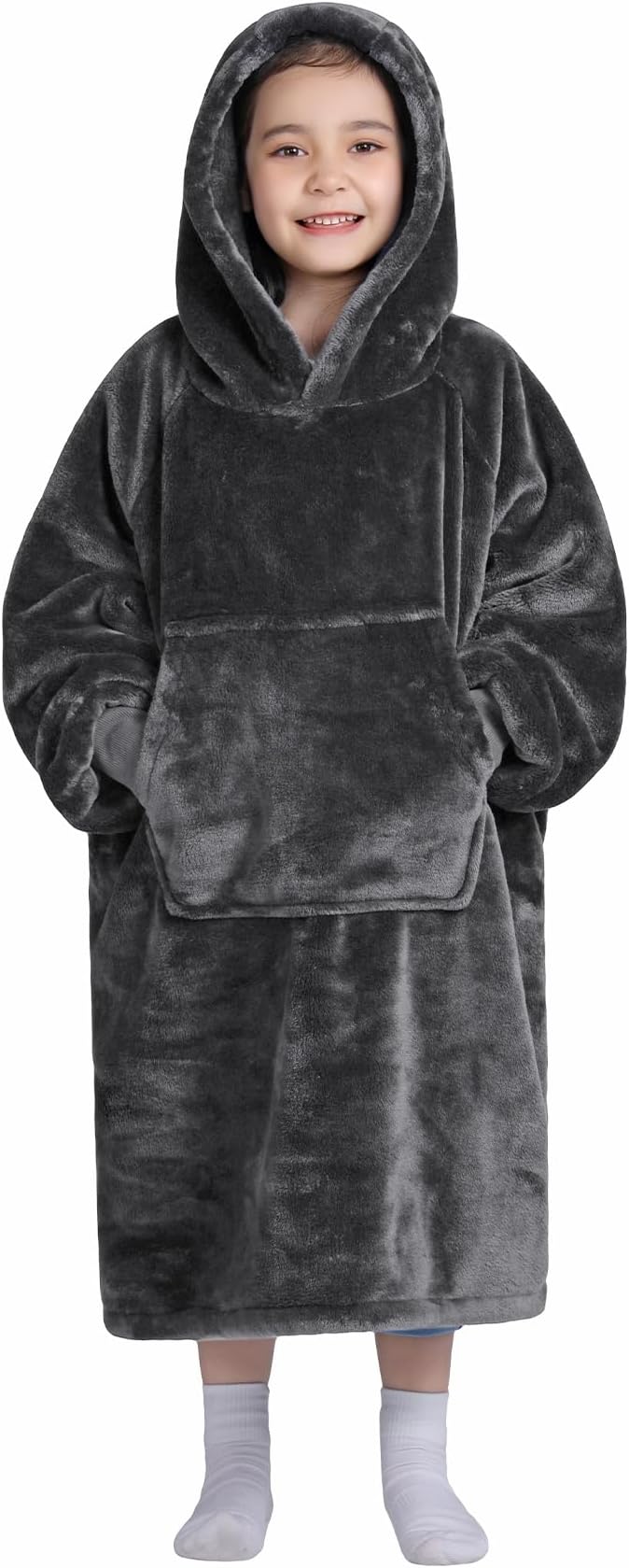 Waitu Wearable Blanket for Kids, Cozy Wearable Blanket Hoodie for Teens Girls Boys, Warm Blanket Sweatshirt Gift for Teenage, Hoodie Blanket with Sleeves and Giant Pocket - Dark Gray
