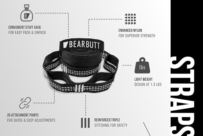 Bear Butt Kodiak Hammock Straps for Trees - 20 Feet Long, 40 Combined Loops - Holds 1000 Pounds - Camping Accessories With Carabiner