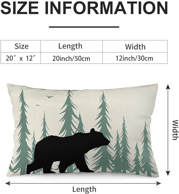 ITFRO Set of 2 Birthday Gift Wildlife Bear Throw Pillow Cover Pine Tree Forest Cotton Linen Lumbar Animal Cushion Case Farmhouse Home Decor for Bed Sofa Couch 12x20 Inches (Beige and Green)