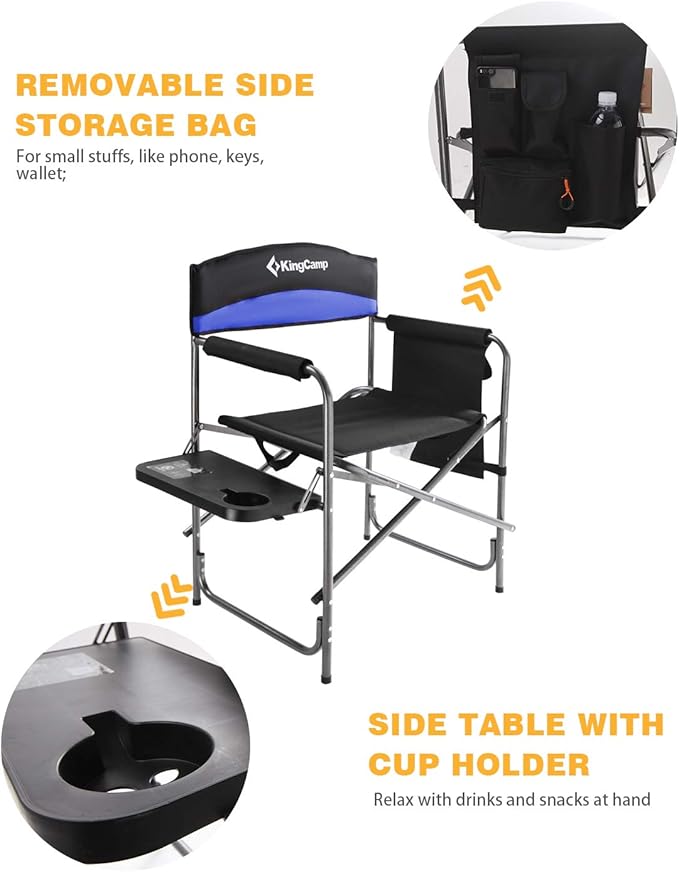 KingCamp Portable Camping Chair, Folding Directors Chair Compact Outdoor Chair with Side Table Cup Holder for Beach Trip Tailgating Lawn Sports Backpacking Fishing Picnic, Blue