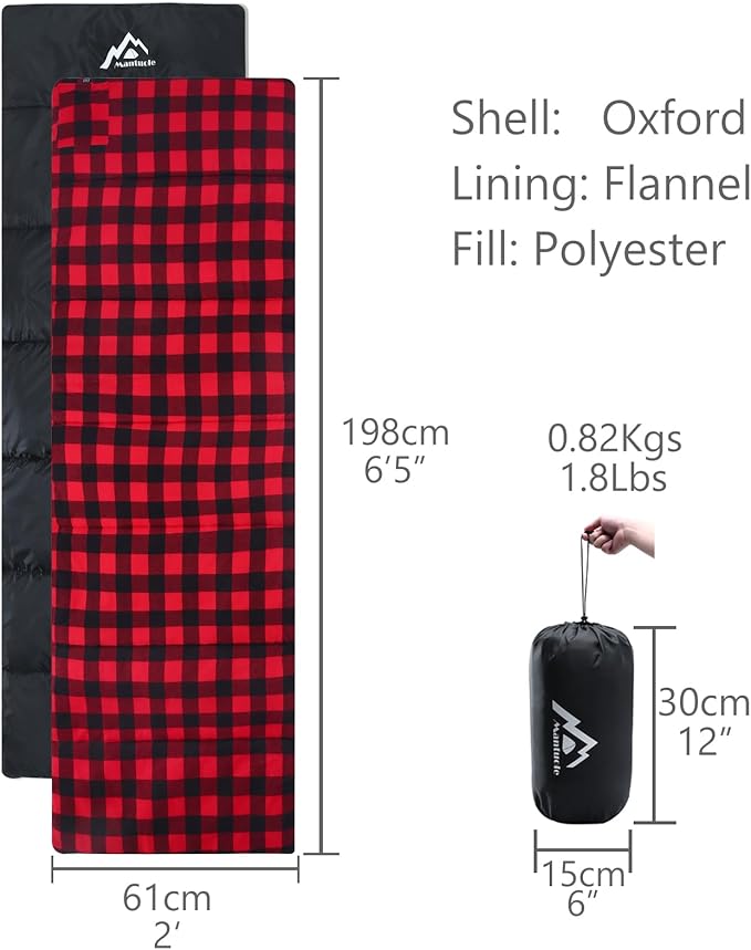 Heated Sleeping Bag pad, Operated by 5V/2A USB Power Supply (Battery NOT Included). Black & Red Flannel.