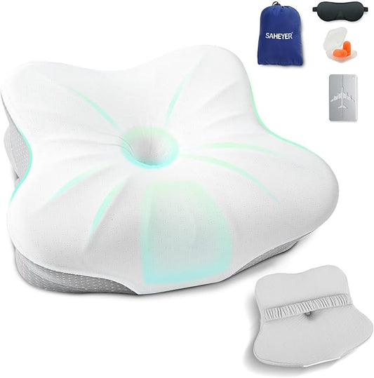 SAHEYER Memory Foam Travel Cervical Pillow, Small Camping Pillows for Sleeping with Strap, Neck Support Camping Gear Accessories - Travel Essentials for Sleeping, Backpacking, Hammock, Gray