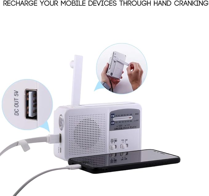 Emergency Radio with Solar and Hand Crank Self Powered, Battery USB Recharging FM/AM Radio LED Flashlight Cell Phone Charger (White)