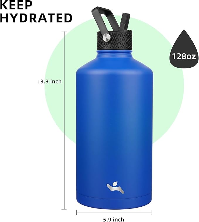 Konokyo Gallon Insulated Water Bottle with Straw,128 oz 3 Lids Water Jug with Carrying Bag,Paracord Handle, Double Wall Vacuum Stainless Steel Metal Flask,Blue