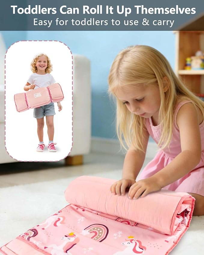 Primlect Lightweight Toddler Nap Mat, Portable Rolled Design Perfect for Daycare Travel, 51”x31 All-in-One Sleeping Bag with Removable Pillow and Fleece Blanket for Boys Girls, Machine Washable