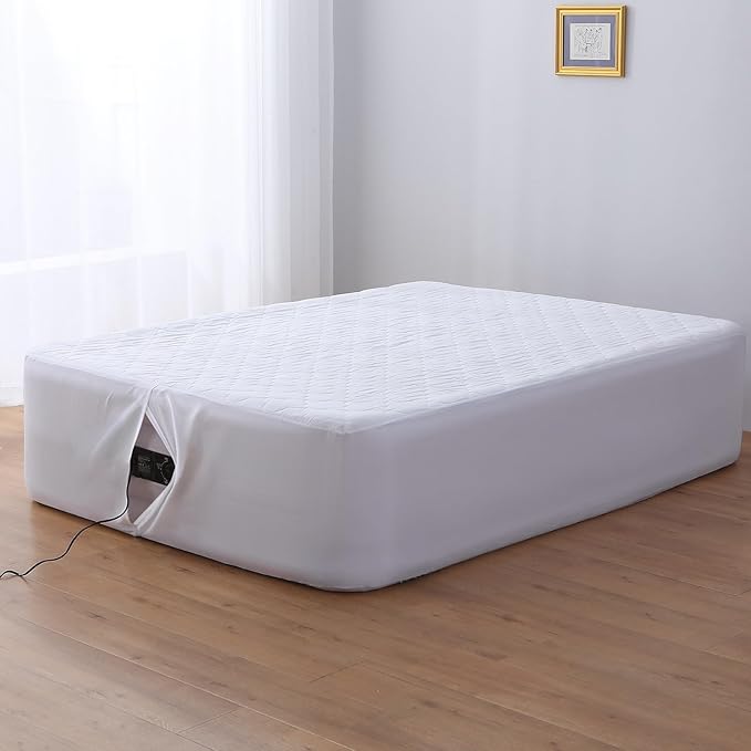 Queen Air Bed Mattress Pad with 15-24 Inch Deep Pockets - Waterproof Protector for Warm Sleep & Cold Air Insulation,Perfect for Camping, Guest Bed, Pets & Overnight Visitors-White