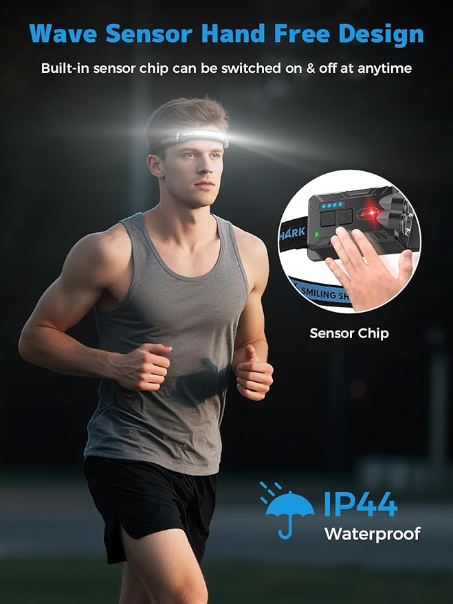 Smiling Shark TD-0123-S Headlamp, 2400mAh Ultra-Bright Head Lamp Flashlight Rechargeable with Hands-Free Motion Sensor, Multi-Mode LED Head Lamp with 270°Rotated for Outdoor, Camping, Hiking, Running