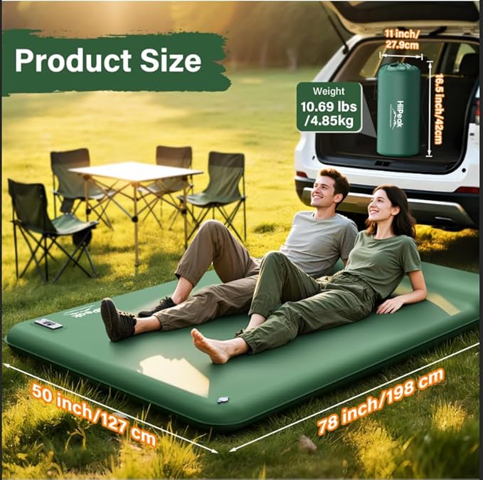 HiiPeak Double Camping Sleeping Pad with Electric Pump, 3" Thick 2 Person Self Inflating Memory Foam Mattress Pad with Pillow, Portable Sleeping Mat for Travel, Car, Tent, Full Size (Green)
