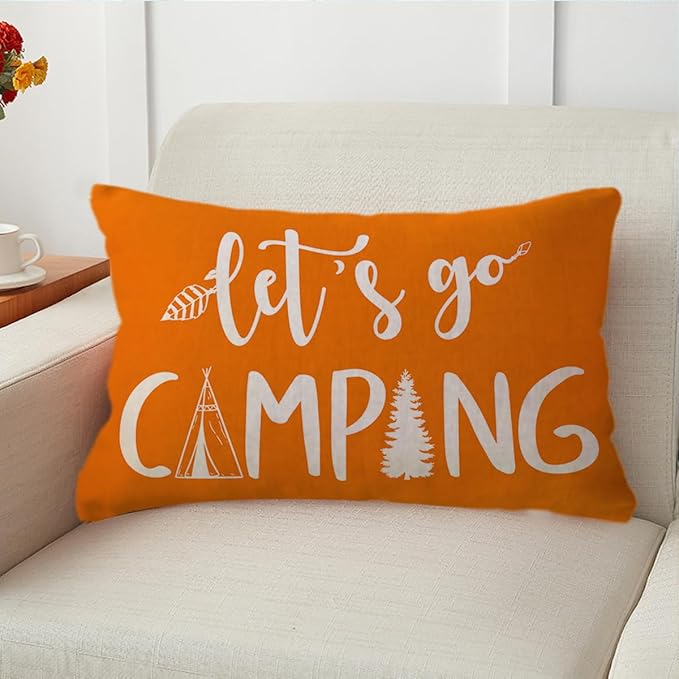Adventure Camper Decorative Lumbar Pillowcase Double-sided Let’s Go Camping/Adventure Awaits Throw Pillow Covers Cabin/Camper Cushion Covers 12x20,2Pack for Sofa/Couch/Porch (Orange)