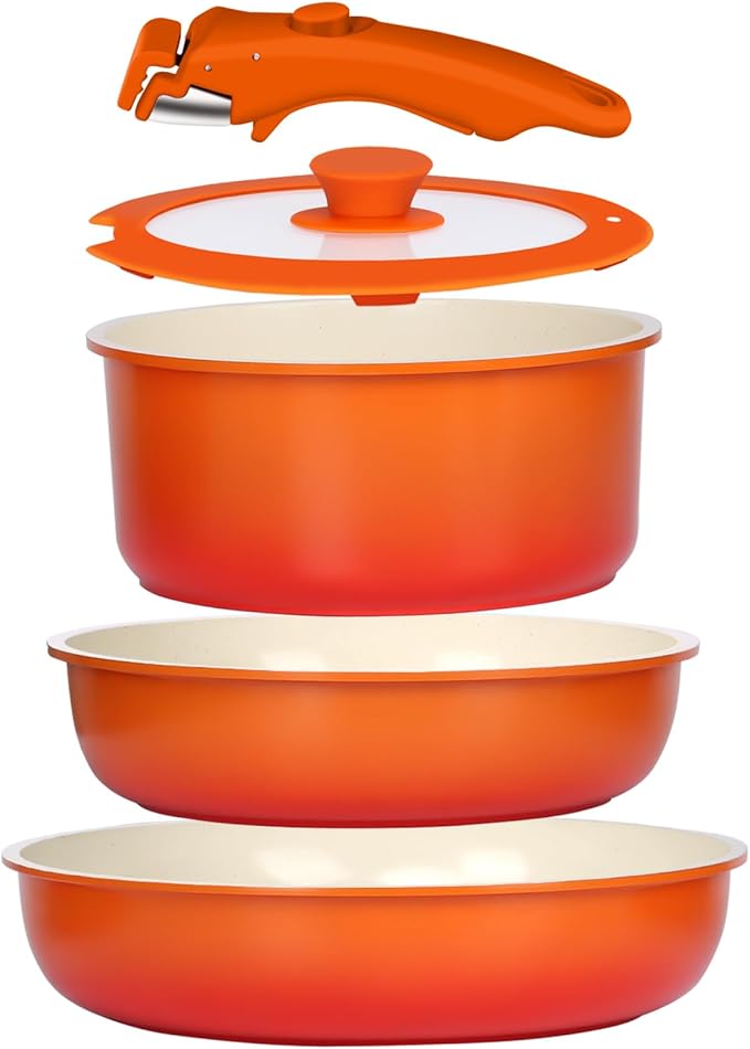 GiPP 5PCS Pots and Pans Set Non Stick, Nonstick Cookware Set Detachable Handle, Ceramic Pots for Cooking Non Stick with Removable Handle, RV Cookware Set for All Stoves, Orange Gradien