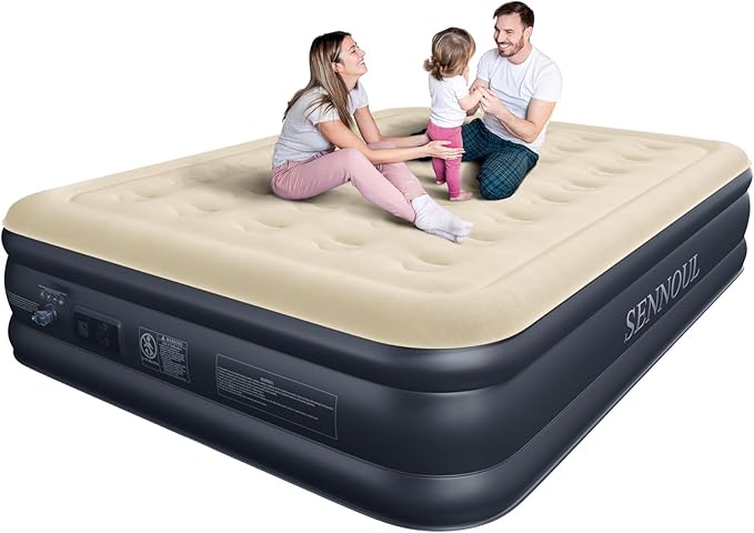 SENNOUL Air Mattress Queen with Built in Pump, Inflatable Mattress Blow Up Mattress 18 Raised Comfort,Upgraded Surface Portable Bed, Air Bed for Home, Guest, Camping, Colchone Inflable, 650 lbs
