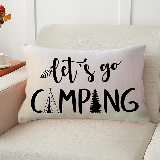 Adventure Camper Decorative Lumbar Pillowcase Double-sided Let’s Go Camping/Adventure Awaits Throw Pillow Covers Cabin/Camper Cushion Covers 12x20,2Pack for Sofa/Couch/Porch (Beige)