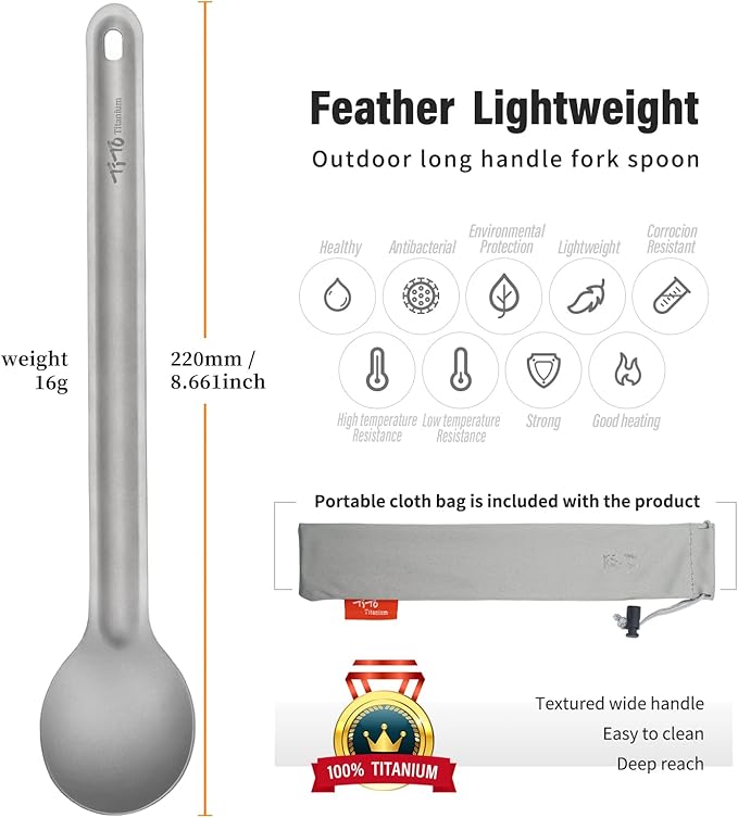TiTo Titanium Long Handle Spork and Spoon Eco-Friendly Ultralight Portabale Flatware for Outdoor Camping Backpacking Hiking Travel Picnic Tableware with Bag(Spoon)