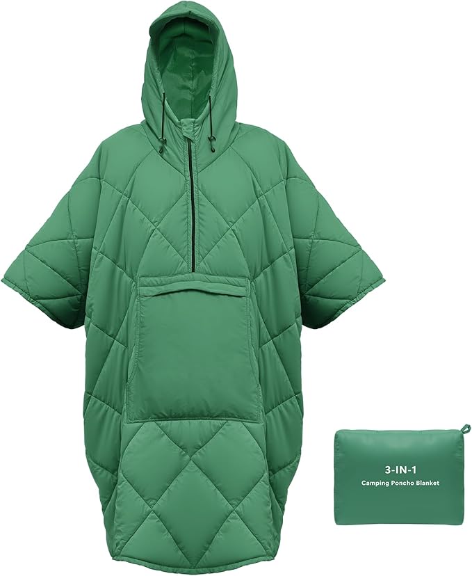 Camping Outdoor Blanket, Ultralight Down Alternative Printed Travel Camp Blankets for Sleeping Packable Waterproof Puffy Quilt for Hammock Picnic Stadium Beach Cold Weather (Green Blanket Poncho)