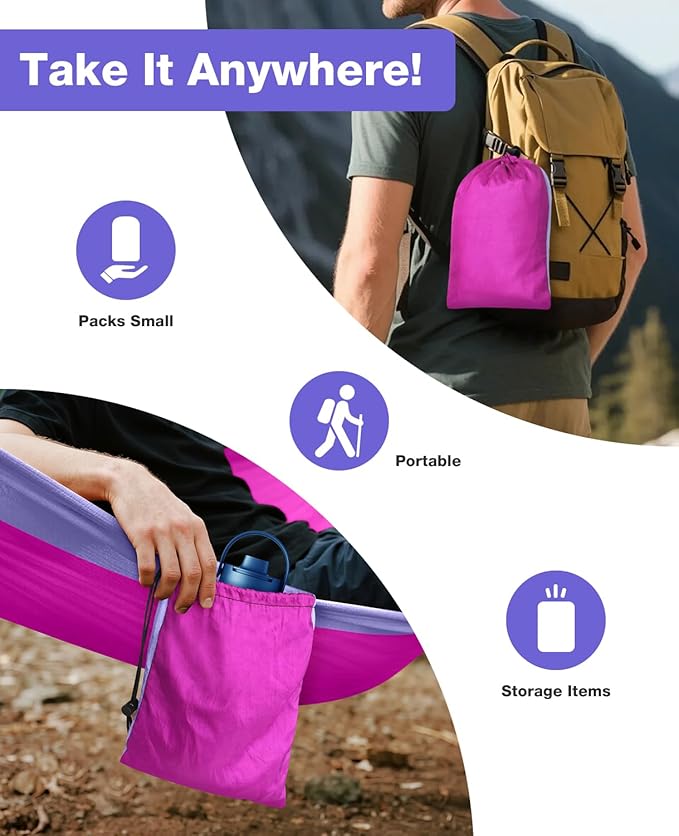 MOSFiATA Camping Hammock, Heavy Duty up to 700lbs with 2 Tree Straps and Attached Carry Bag Portable Outdoor Hammock for Backpacking Hiking Travel,Beach (Pink Purple)