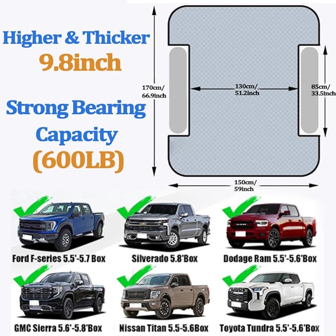 hufaut Camping Pickup Truck Bed Air Mattress Thicken Sleeping Pad for 5.5-5.8Ft Full-Size Short Truck Beds Outdoor Camping Car Travel(Navy Blue)