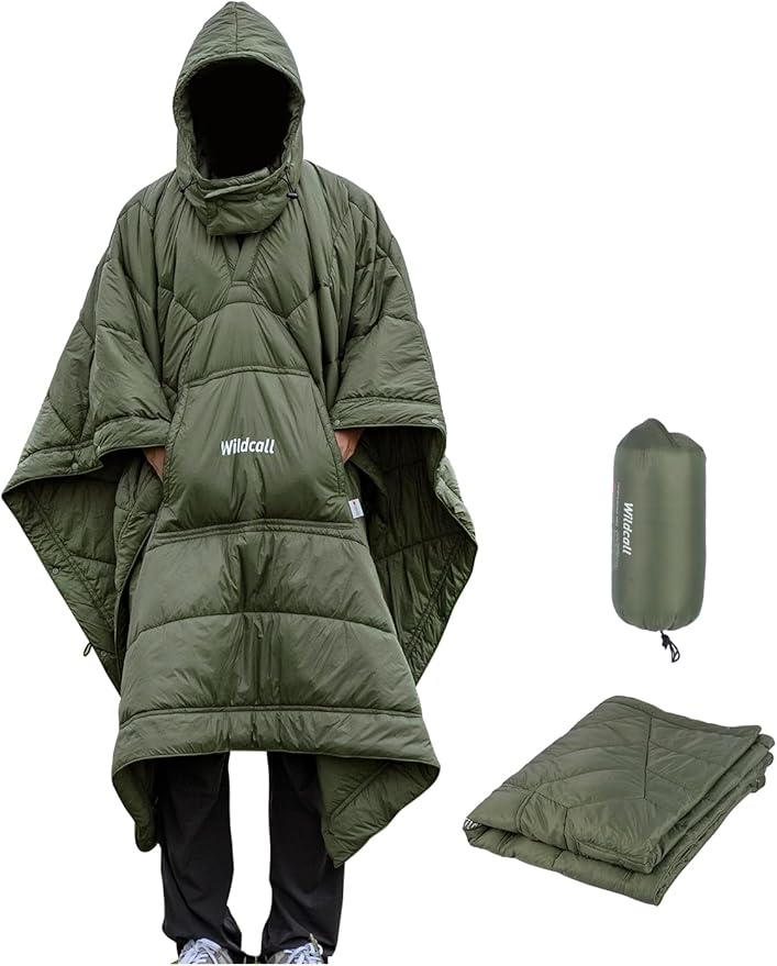 WildCall Hooded Camping Blanket with 3M Thinsulate Insulation Wearable Poncho Blanket Ultralight Foldable Quilt Sleeping Bag for Outdoor, Hiking, Stadium