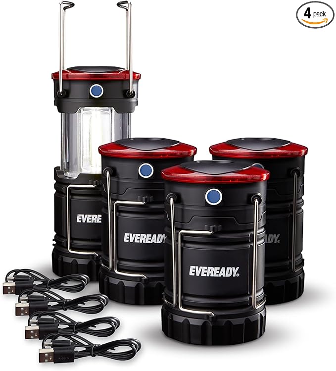 Eveready Collapsible Rechargeable Lanterns, 300 Lumens, USB Rechargeable Lantern, Outdoor and Camp Lantern, Micro-USB Charging Cable Included, 4 Count