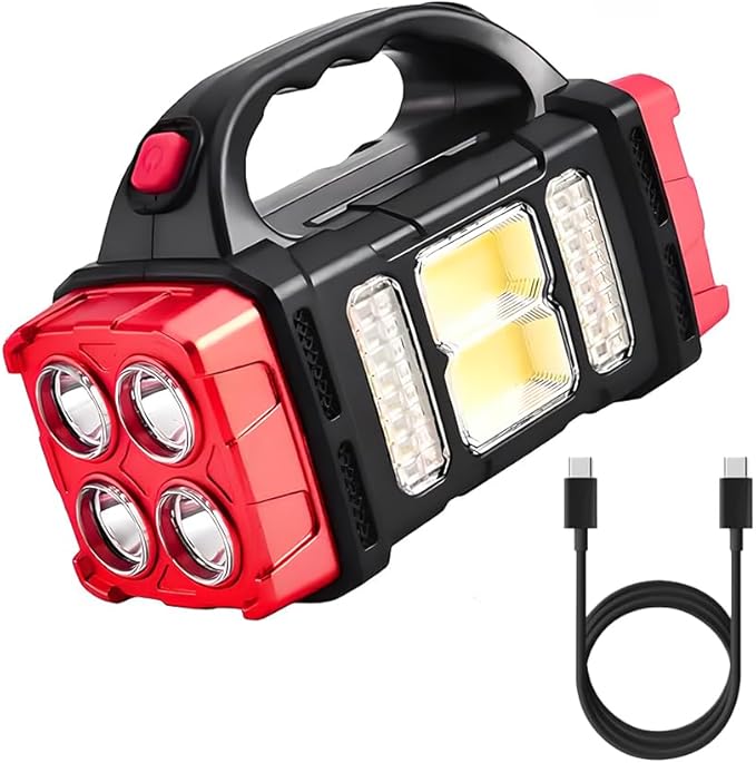 IFTHFOUR High Lumens Solar Flashlight - LED Work Light with USB-C Rechargeable, Waterproof, Multi-Function Flashlight & Lantern for Camping, Emergencies, and Outdoor(RED)