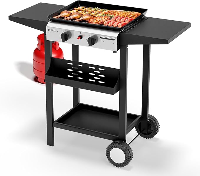 ROVSUN 2 Burner Portable Propane Griddle with Nonstick Enameled Tray, 20000 BTU Rolling Flat Top Gas Grill with Electronic Ignition, Side Shelves & Regulator for Outdoor Cooking Camping BBQ Tailgating