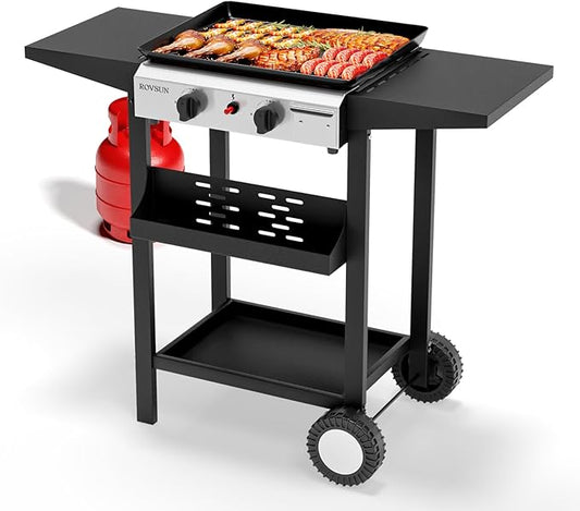 ROVSUN 2 Burner Portable Propane Griddle with Nonstick Enameled Tray, 20000 BTU Rolling Flat Top Gas Grill with Electronic Ignition, Side Shelves & Regulator for Outdoor Cooking Camping BBQ Tailgating