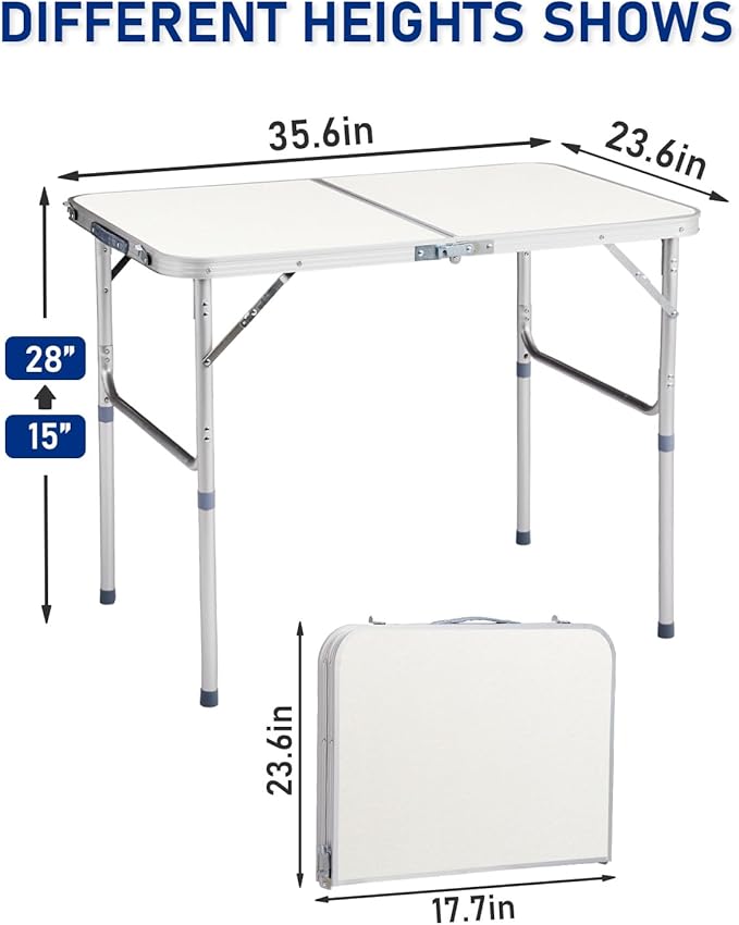 Outvita 3ft Portable Folding Camping Table, Outdoor Waterproof Adjustable Height Table, Aluminum Lightweight Suitcase Foldable Table for Picnic BBQ Beach Dining