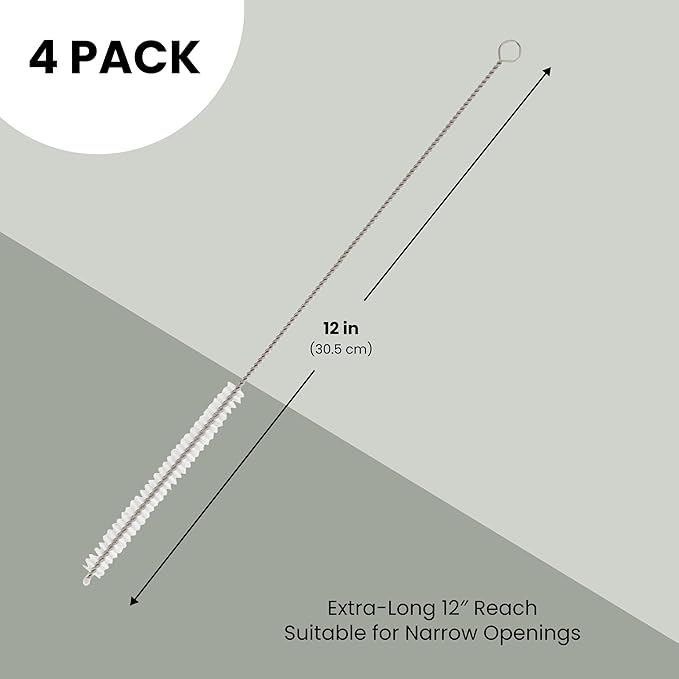 Juvale Straw Cleaner Brush - 12 In, Silver & White, 4-Pack - Stainless Steel Straw Cleaner Brush for Water Bottles & Pipes with Flexible Nylon Tip for Narrow Openings