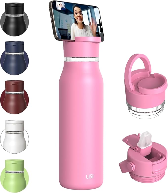 LISI 40oz Insulated Water Bottle, Double Wall Stainless Steel Water Bottles with Straw, 100% Leak-Proof Travel Thermal Canteen Mug with 2 Lids (Straw, Phone Holder Lid)