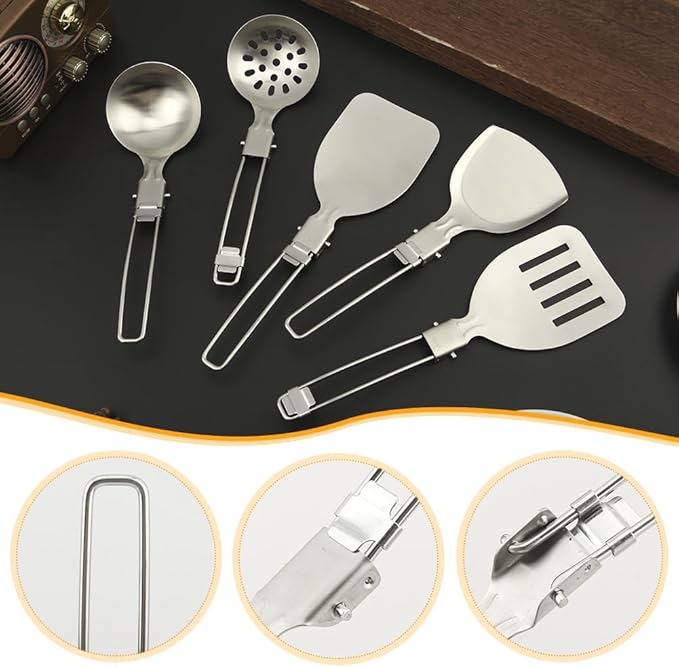 Kakalote Camping Kitchen Utensil Set,5Pcs Stainless Steel Portable Folding Outdoor Cooking Utensil,Camping Utensils Set,Camping Cooking Utensils,for RV Car,Tent Campers,Outdoor Picnics BBQ
