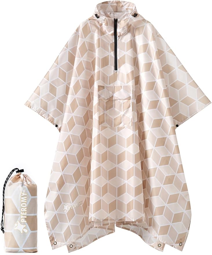PTEROMY 3-in-1 Hooded Rain Poncho for Adult with Pocket, Waterproof Lightweight Unisex Raincoat for Hiking Camping Emergency