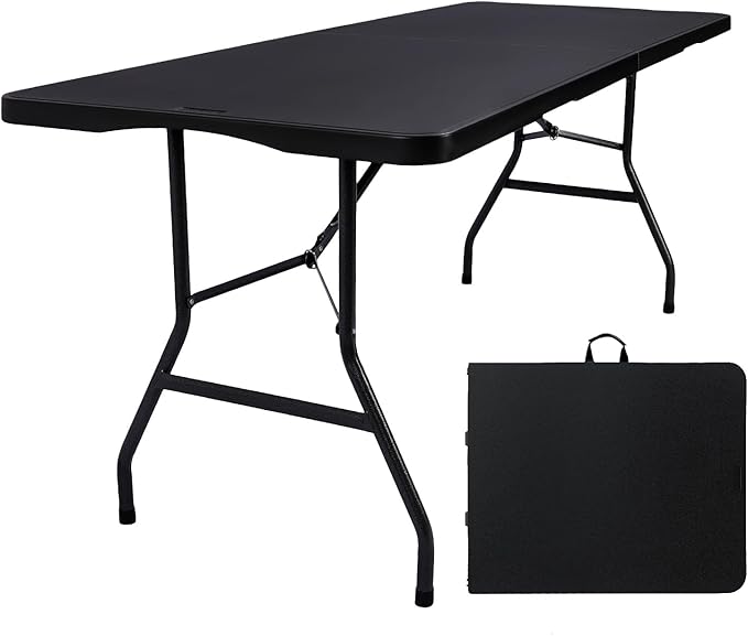 Byliable Folding Table 6ft Portable Heavy Duty Plastic Fold-in-Half 6 Foot Foldable Table Utility Dining Indoor Outdoor for Camping Picnic and Party, Black