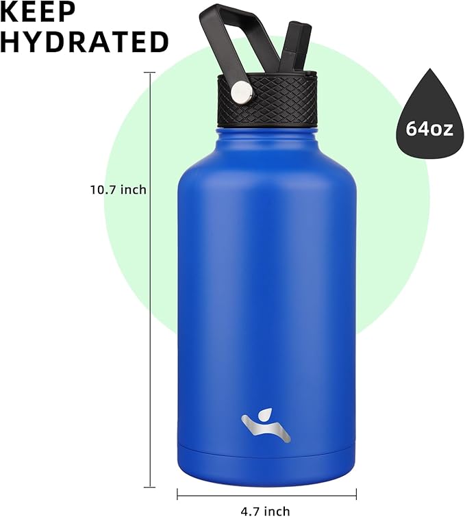 Konokyo Half Gallon Insulated Water Bottle with Straw,64 oz 3 Lids Water Jug with Carrying Bag,Paracord Handle,Double Wall Vacuum Stainless Steel Metal Flask,Blue