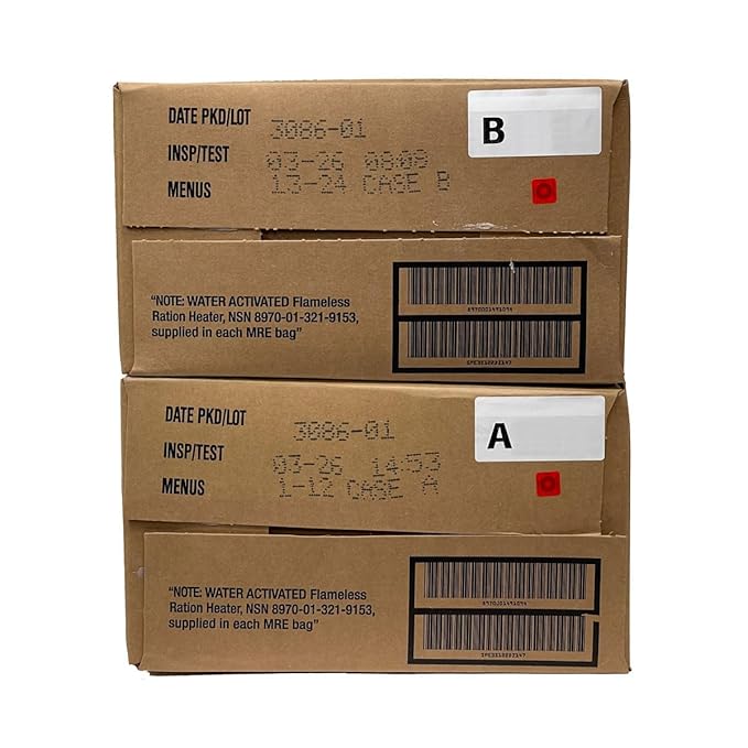 2026 Inspection U.S. Military Surplus MREs A and B Case – 2 Cases of 12 each Meals ready Eat | Genuine Military Rations with Flameless Heaters | Long Shelf-Life Emergency Food Supply