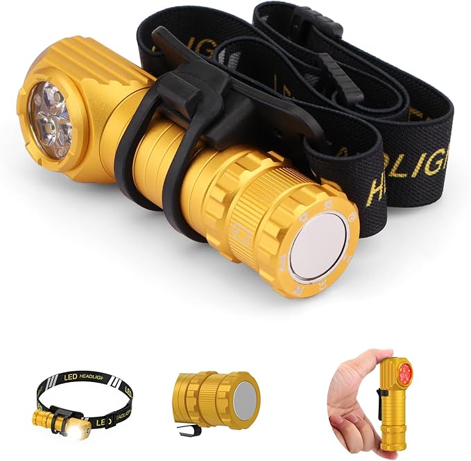 High Lumens LED Rechargeable Headlamp for Adults - Hard Hat Light Running Head Lamp with Red Light, Magnet, 180° Tilt, 7 Modes, Detachable Flashlight & Headband, Outdoor, Emergency 1PC, Gold