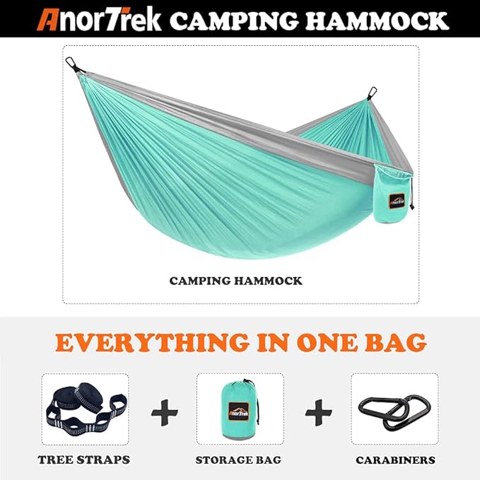AnorTrek Camping Hammock, Super Lightweight Portable Parachute Hammock with Two Tree Straps Single or Double Nylon Travel Tree Hammocks for Camping Backpacking Hiking