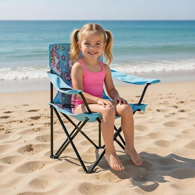Emily Rose Sea Unicorns Kids Folding Camp Chair – Lightweight Portable Toddler Beach Chair Ages 2-7 with Safety Lock, Cup Holder & Carry Case, 125 lb Capacity for Girls Outdoor Adventures