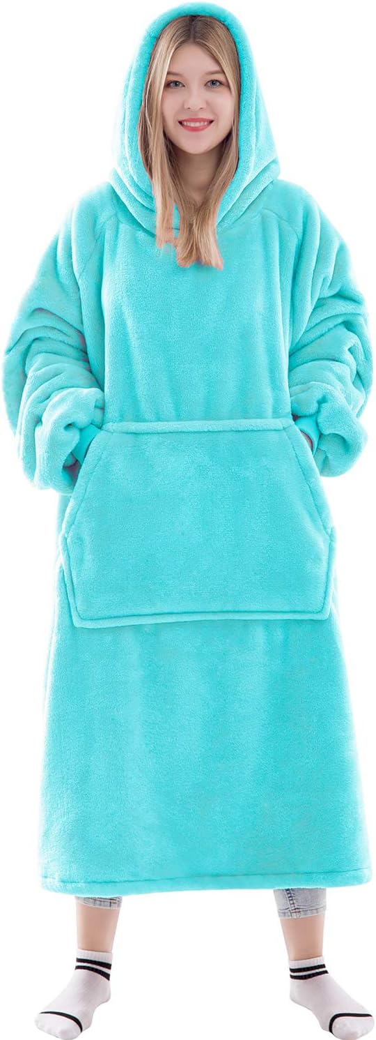 Waitu Wearable Blanket Sweatshirt for Women and Men, Super Warm and Cozy Giant Blanket Hoodie, Thick Flannel Blanket with Sleeves and Giant Pocket - Cyan