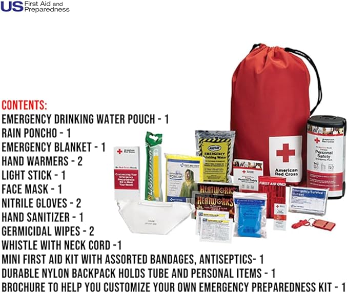 American Red Cross Officially Licensed Product | Deluxe Personal Safety Emergency Pack with Bag | Trauma Supplies | Medical Backpack | Bandages, Wipes, Gloves, Whistle, More