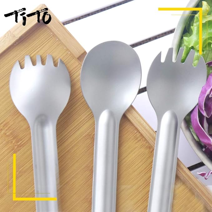 TiTo Titanium Long Handle Spork and Spoon Eco-Friendly Ultralight Portabale Flatware for Outdoor Camping Backpacking Hiking Travel Picnic Tableware with Bag(Spoon)
